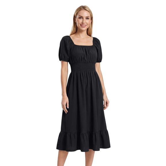 CIENVNSTG Summer Dresses For Women 2026 Square Neck Puff Sleeve Smocked Waist Midi Dress Ruffle Hem A Line Casual Summer Sundress Black L
