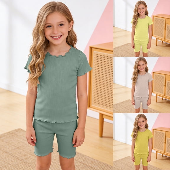 larppty Girls Shorts Set 2‑Piece Ribbed Knit Summer Outfit Short Sleeve Top & Elastic Waist Shorts Casual Playwear(Yellow, 2-3 Years)