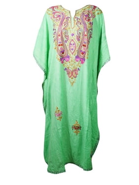 Mogul Women Green Floral Embellished Caftan Housedress Lounger Resort Wear Dress One Size