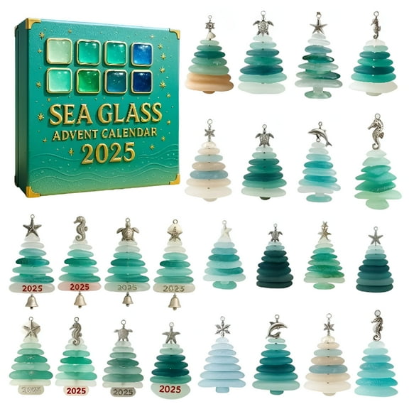 LAMIRO Sea Glass Christmas Tree Advent Calendar 2025 24 Days Christmas Countdown Calendar with 24 Mini Natural Sea Glass Christmas Tree Ornaments Handmade Seaside Christmas Decor
