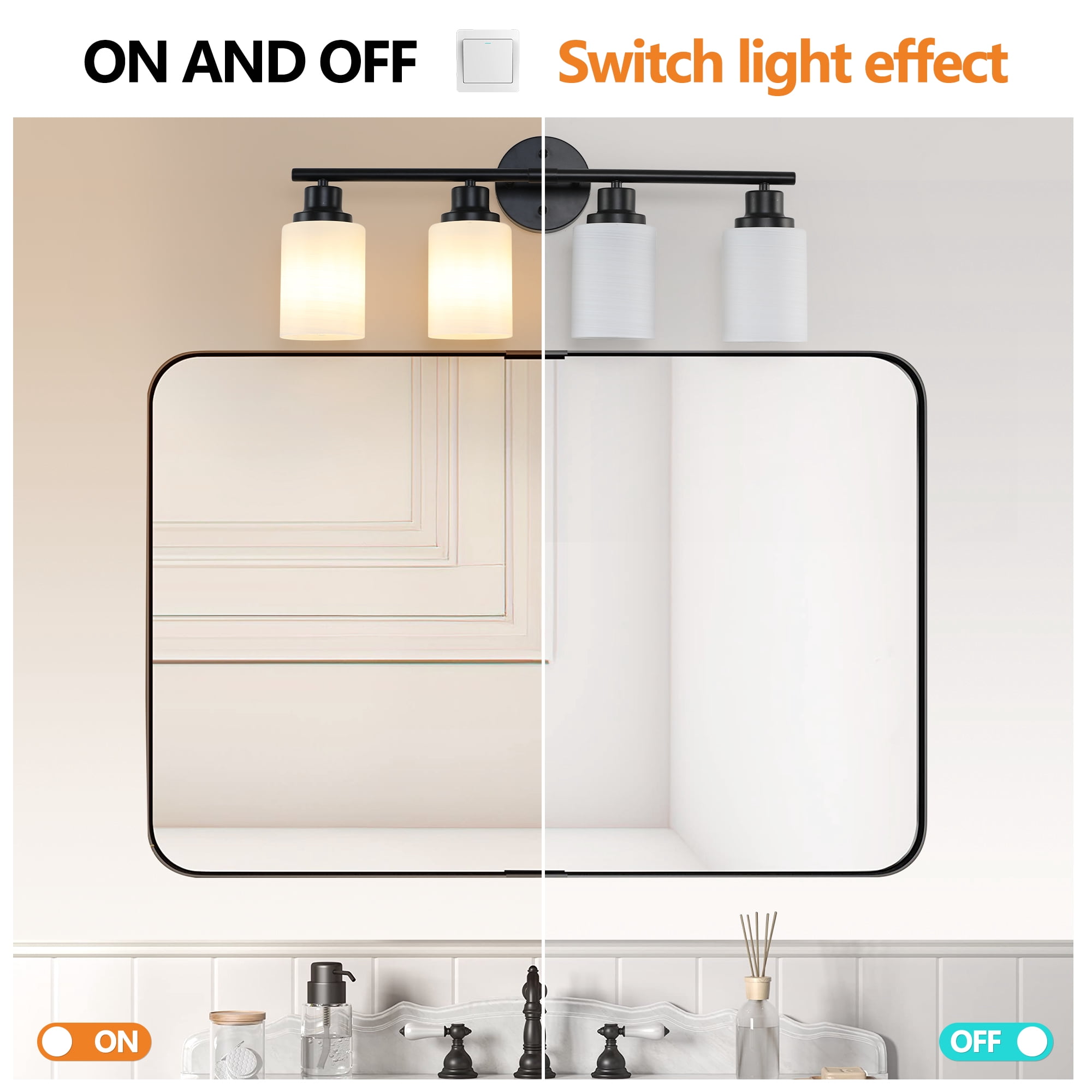 Miniyam 4-Light Modern Bathroom Vanity Light, Black Wall Fixture with Frosted Glass Shades