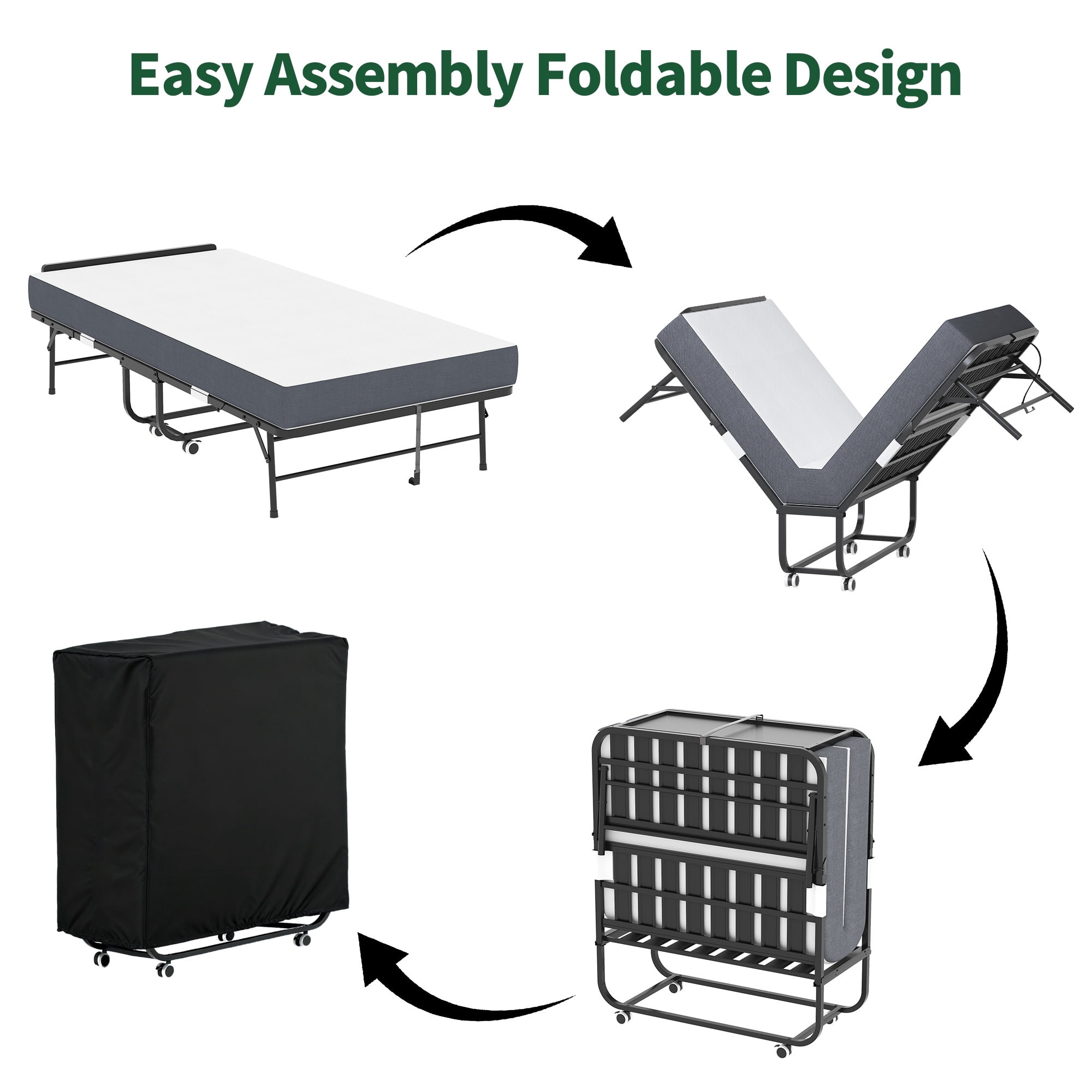PORKISS Folding Bed with Mattress and Headboard for Adults, Rollaway Guest Bed with 5" Memory Foam Mattress, Portable Foldable Bed with Locking Wheels, Space Saving Bed, 74.8"x 37.7" + Headboard