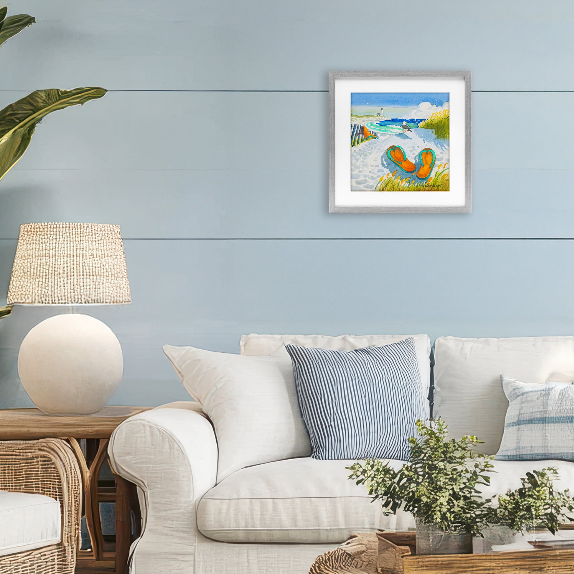 Stupell Industries Seagull & Flip Flops Gray Framed Print Under Glass, design by Robin Altman
