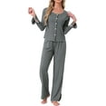 thumbnail image 2 of Pijamas de mujer de manga larga con lazo lateral, botones en la parte delantera, dobladillo con volantes y pantalones de pierna ancha, conjunto de ropa de dormir XL gris, 2 of 6