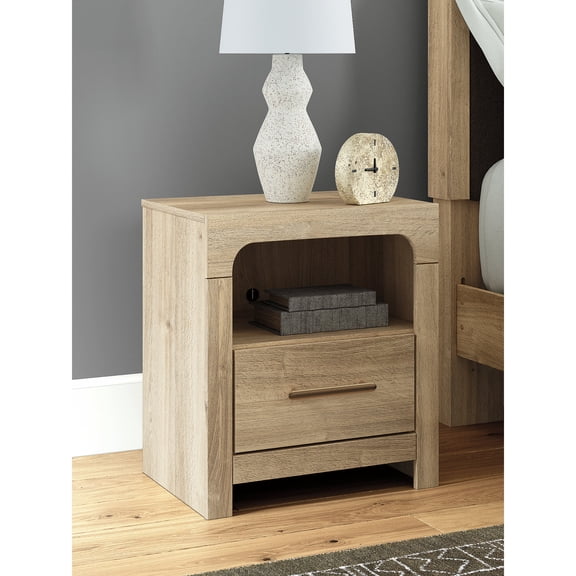 Signature Design by Ashley Prandefort One Drawer Nightstand with Open Shelf and USB Charging, Replicated Oak Grain, Tan Finish