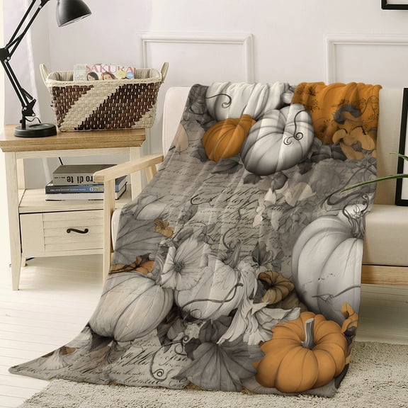 Throw Blanket Fleece Throw Blanket 50x60in, Vintage Pastoral Pumpkins Soft Lightweight Bed Blankets Country Botanical on Letter Fuzzy Couch Blankets for All Season