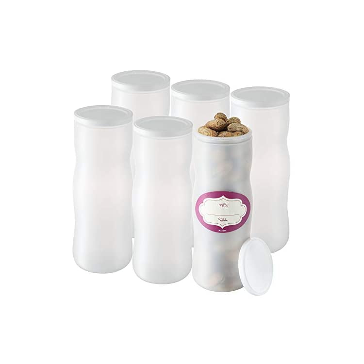 Pack of 6 White Food Canister 24 oz Empty Plastic Jars with Snap Lids and Labels Great for