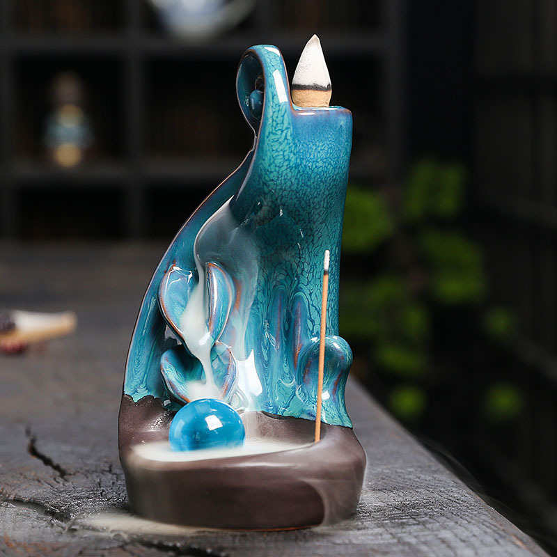 Ceramic Reflux Incense Burner Tower Home Decoration Holder Waterfall Incense Burner with 60 Backflow Incense Cones Lotus Backflow Incense Holder Ceramic Censer