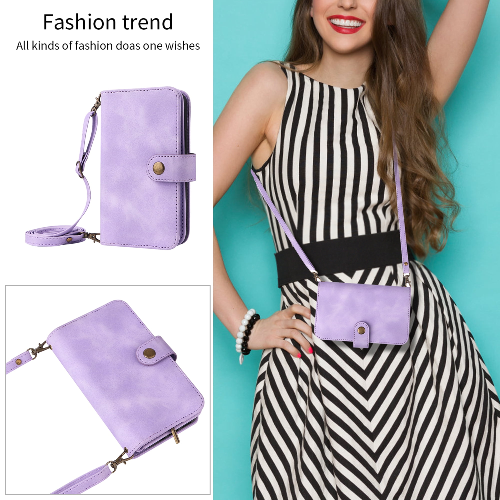Dteck for Apple iPhone 14 Pro 6.1 inch Wallet Case for Women Men, Sturdy PU Leather Case Magnetic Flip Zipper 7 Cards Holder Wristlet & Shoulder Strap Kickstand Phone Case,  Purple