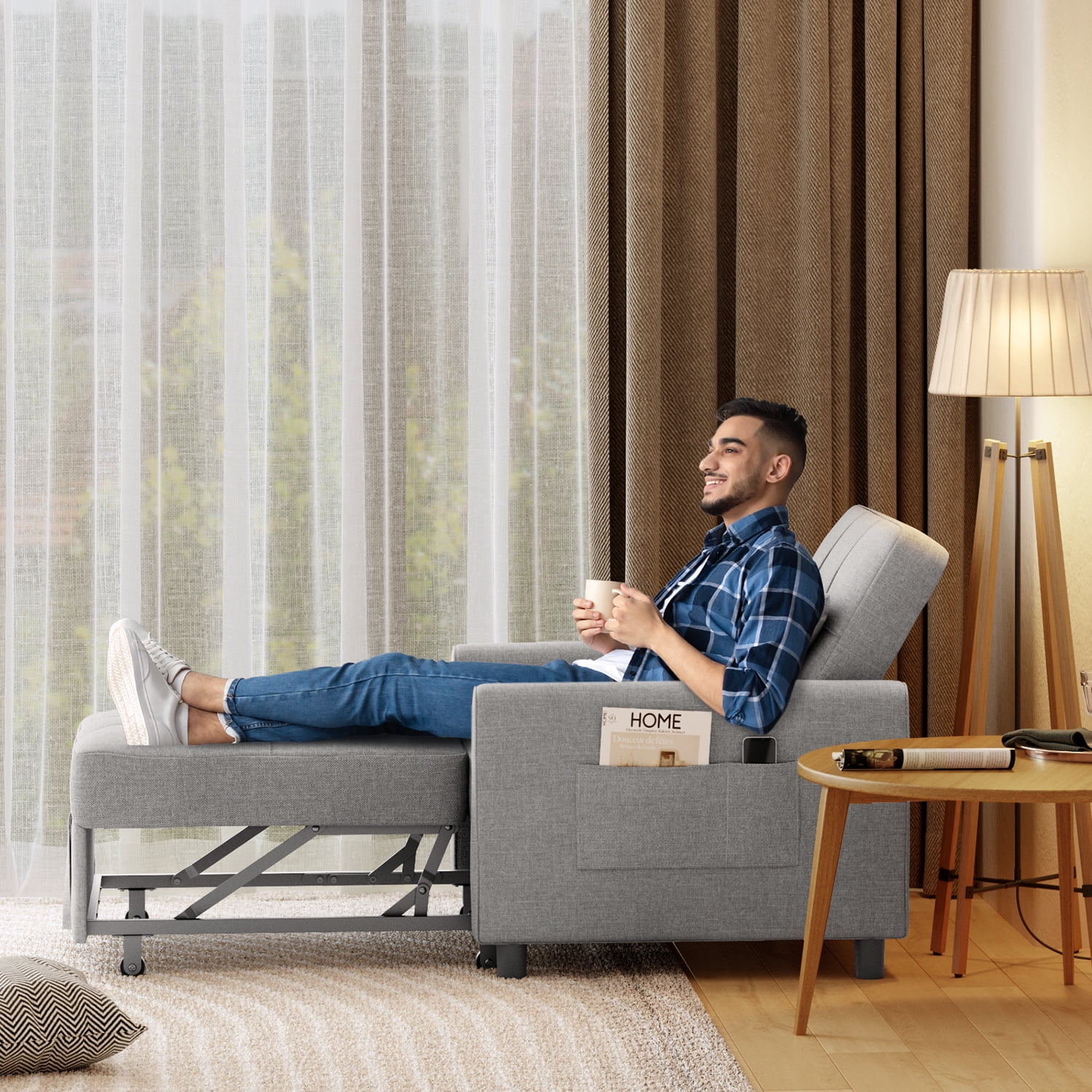 3-in-1 Convertible Sleeper Chair, Lightweight Foldable Sofa Bed for Small Spaces, Linen Upholstery, Light Gray