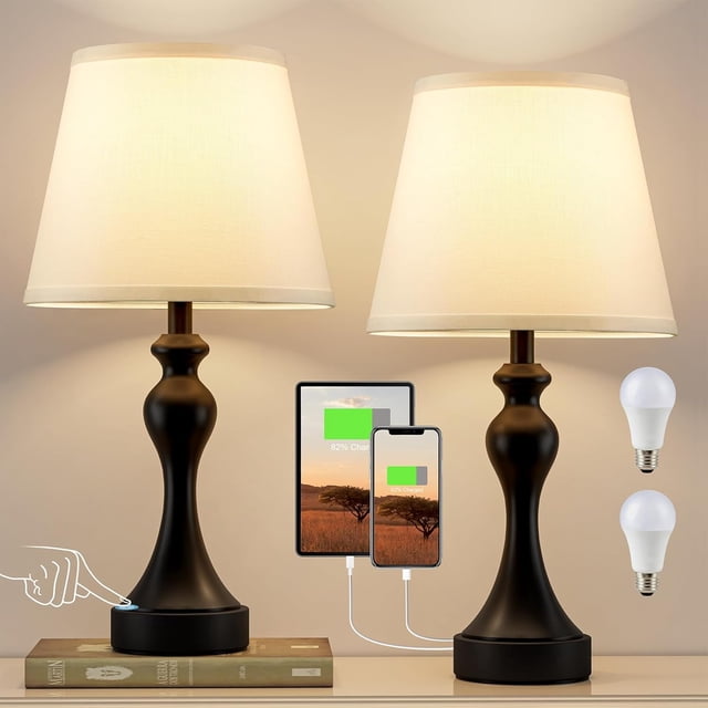 Juego de 2 lámparas táctiles para mesita de noche - Lámparas de cabecera, 3 formas de atenuación, USB C+A para dormitorio y mesas auxiliares (bombillas LED incluidas)