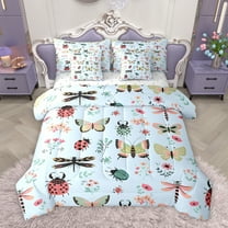 Homewish Kawaii Ladybug Insect Bedding Comforter Set 7pcs for Kids, Butterfly Dragonfly King Bedding Sets, Blue Cartoon Flower Reversible Bed Sheets, Luxury Bedroom Decor