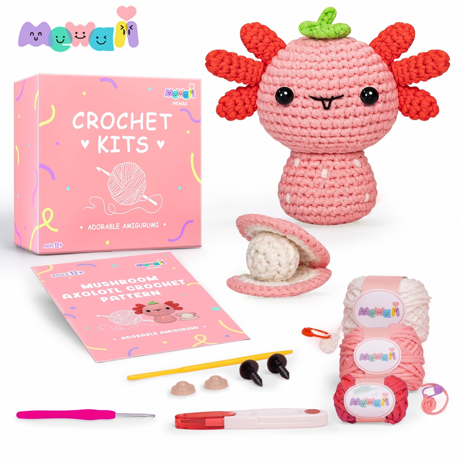 Mewaii Crochet Kit for Beginners with Tape Yarn, Complete DIY Knitting Kits, Animal Crochet Set( Axolotl), Size: 4.7, White
