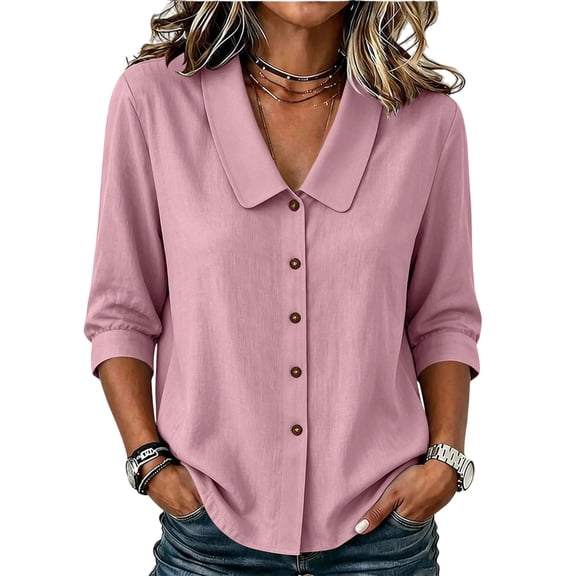 Ynynloco Womens 3/4 Sleeve Cotton Linen Shirts Peter Pan Collar Button Down Tops Lightweight Breathable Casual Cute Tops