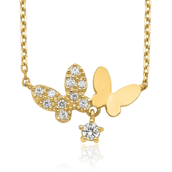 14K Solid Yellow Gold Butterflies Cubic Zirconia CZ Necklace Chain