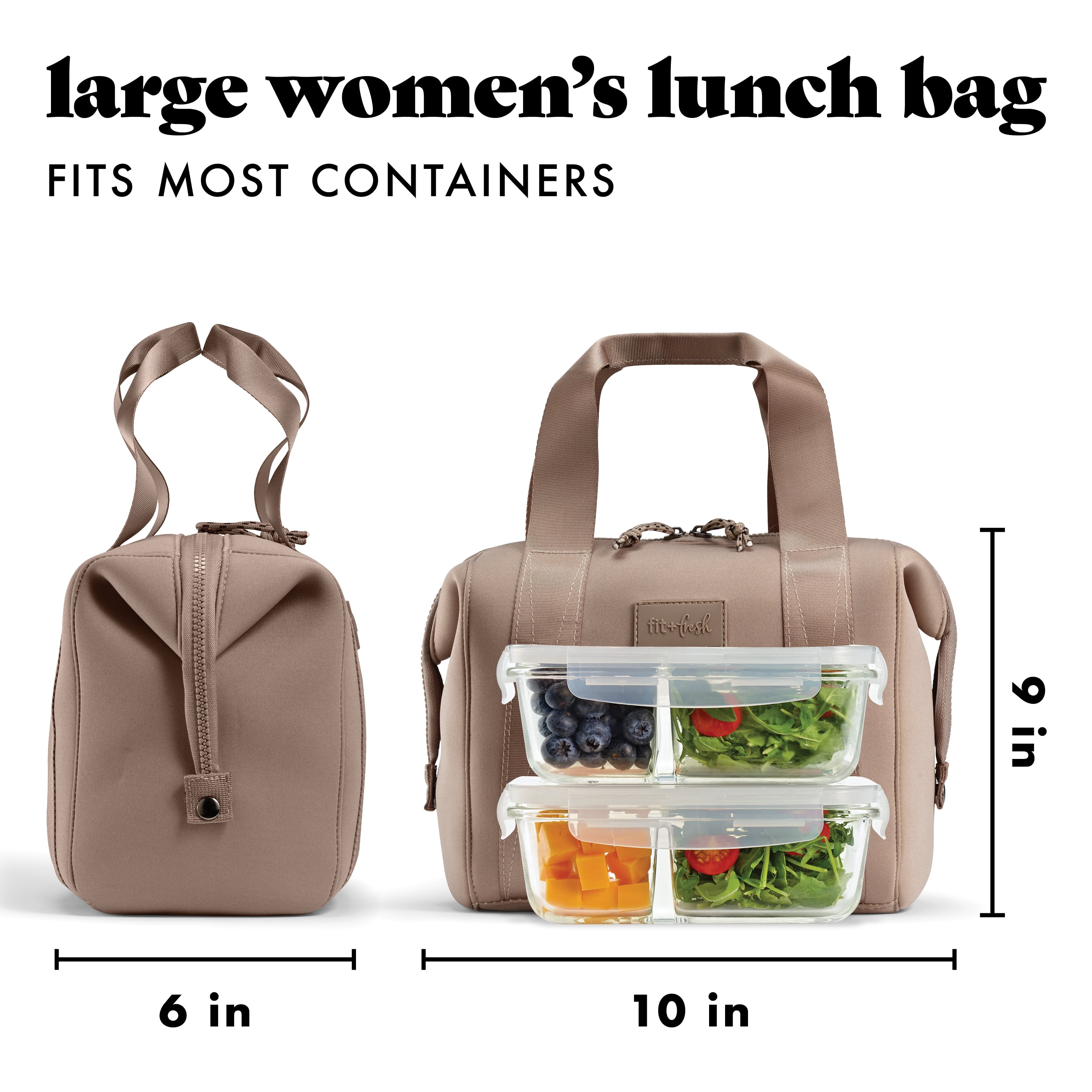 Fit & Fresh 4511CX3480 Remi Women's Lunch Bag, Self Insulating Neoprene Material Lunch Box With Containers & Ice Pack, Taupe