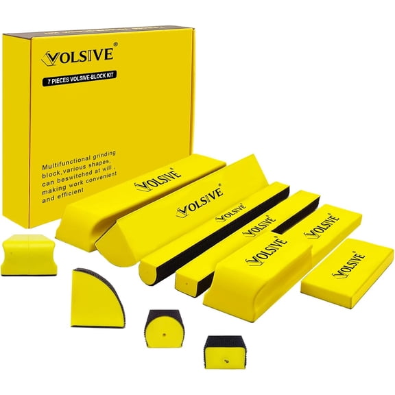 7pcs Hand Sanding Block Set, Rectangle Handheld Sanding Pad, Hook and Loop Interchangeable Assorted Shapes, for Sanding or Polishing in Auto Body and Paint Shops - Yellow