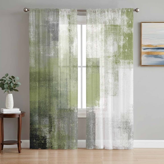 Sheer Curtains 108 Inches Long, Sage Green Ombre Light Filtering Window Curtains for Living Room, Vintage Shabby Abstract Plaid Art Rod Pocket Voile Sheer Curtain Drapes, 52"W x 108"L, 2 Panels