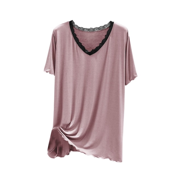 Blusas de Encaje para las Mujeres de Moda Tamaño Grande Cuello en V Color Sólido Camiseta de Manga Corta Abrigo de Casa