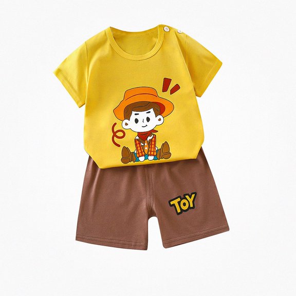 Crunowin Boys And Girls Cotton Outfit Sets Soft Cartoon Print Round Neck Top and Elastic Waist Shorts Comfortable Wear Yellow Size 3T