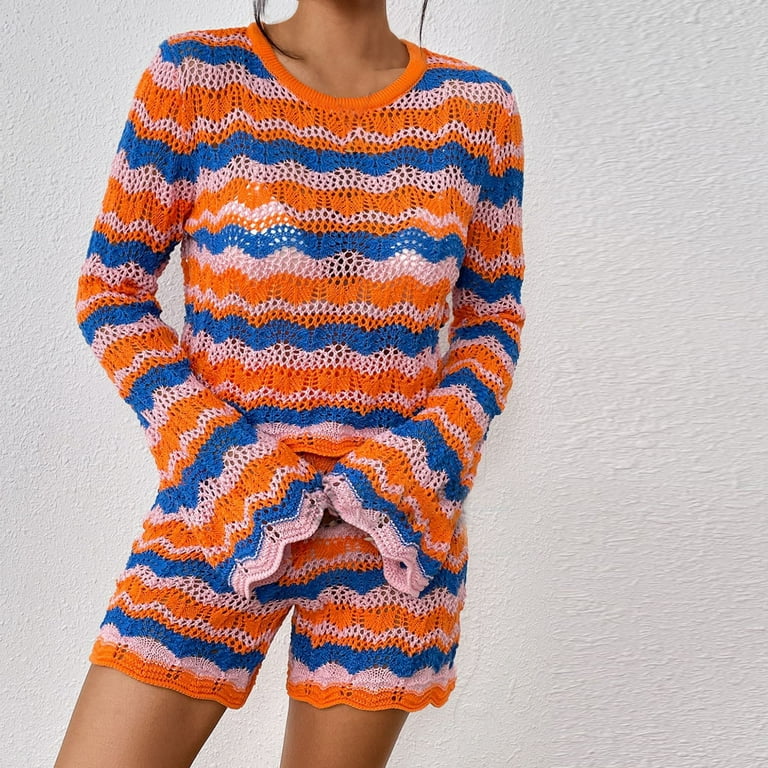 BLVB Short Sets Women Piece Outfits Crochet Knit Color Block