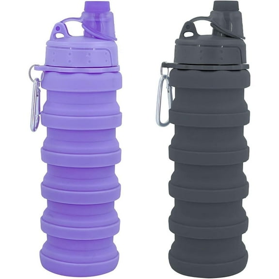 2 Pack Lightweight Collapsible Water Bottles - Portable Foldable Drinking Bottles with Leak-Proof Lids & Carabiners, Durable Silicone for Sports, Travel, Gym, Hiking & Outdoor Activities
