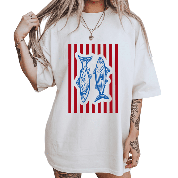 UNISHE Women's white Soft Minimal Retro Striped Ocean Fish Graphic Short Sleeve T-Shirts Tops