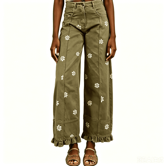 Stralyhd Jeans Women High Waist Wide Leg Floral Print Ruffle Hem Denim Pants 2026 Y2K Baggy Patchwork Jeans Green XXL