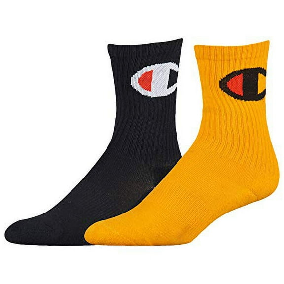 Champion Logo Crew 2 Pairs Boys Socks Size M, Color: Black/White
