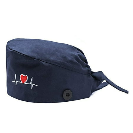 

Prosgs Women ECG Heart Embroidery Adjustable Anti Sweat Button Scrub Cap Bouffant Hat
