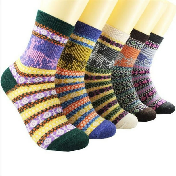 Calcetines gruesos de lana para mujer, hasta media pantorrilla, con bloques de color para otoño e invierno.