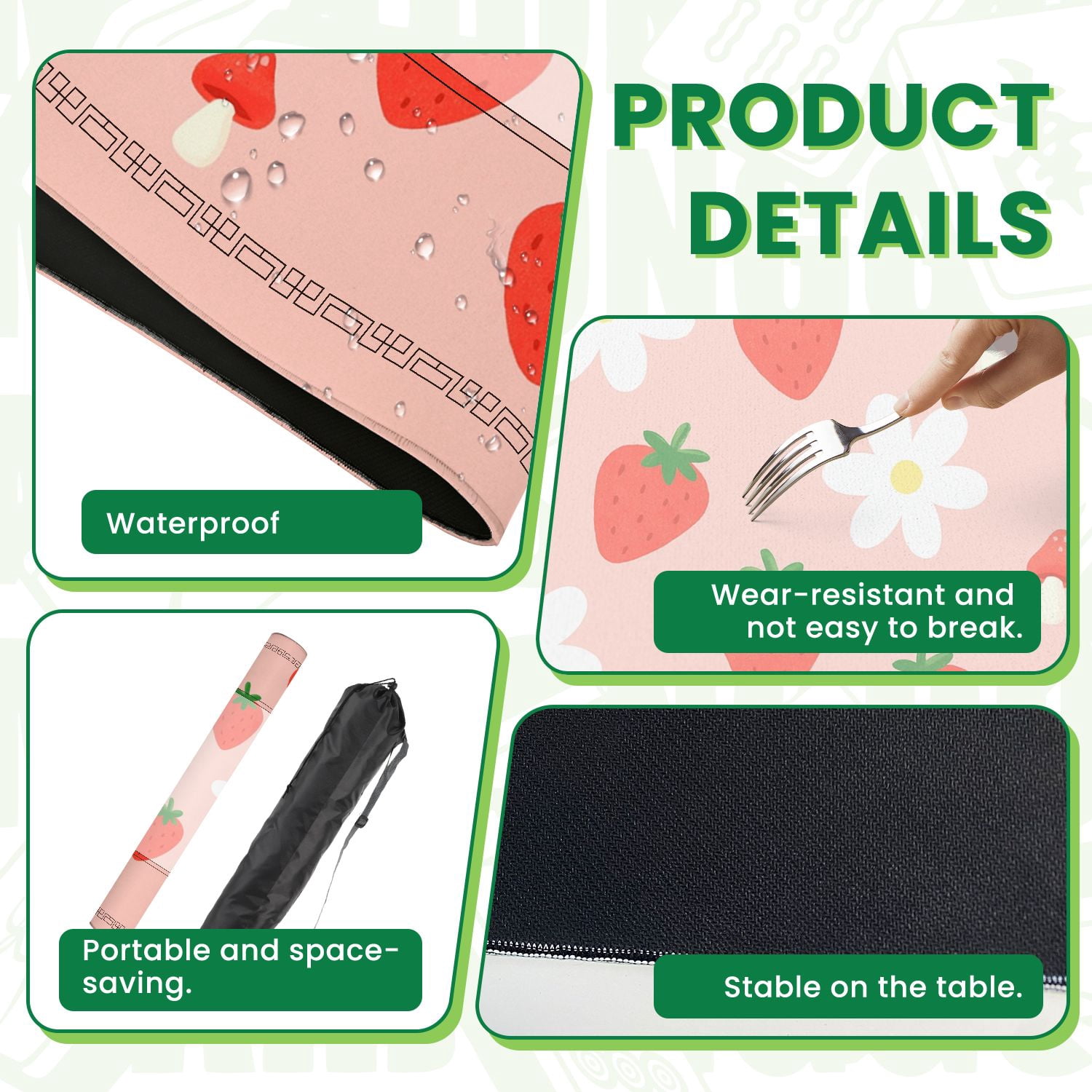 Mahjong Mat 31.5" x 31.5" Cute Strawberry Flower Mushrooms Pink Non-Slip Noise Reduction American Mahjong Tiles Table Cover for Dominoes Poker Card Board Games Gift