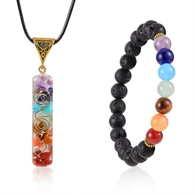 1Set Energy Yoga Chakra Jewelry Set Natural Lava Rock Stretch Bracelet and Rectangle Natural Gemstone Inside Resin Pendant Necklace Mixed Color Inner Diameter: 2-3/8 inch(60mm) 17.79 inch(45.2cm)