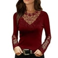 thumbnail image 2 of IROINNID Womens Long Sleeve Tops Round Neck Lace T-Shirt Autumn Solid Hollow Out Blouse Tops,Wine, 2 of 5