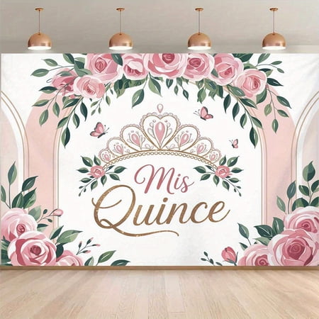 Miss Quinceañona Backdrop for Girls Sweet Quinceanera Birthday Photography Background Pink Roses Crown Butterfly Quinceanera 15th Birthday Party Decorations Banner Supplies Photo Booth Props