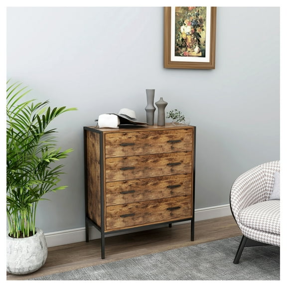Industrial 4-Drawer Dresser, Rustic Brown Wood with Steel Frame, Bedroom & Living Room Clothes Organizer