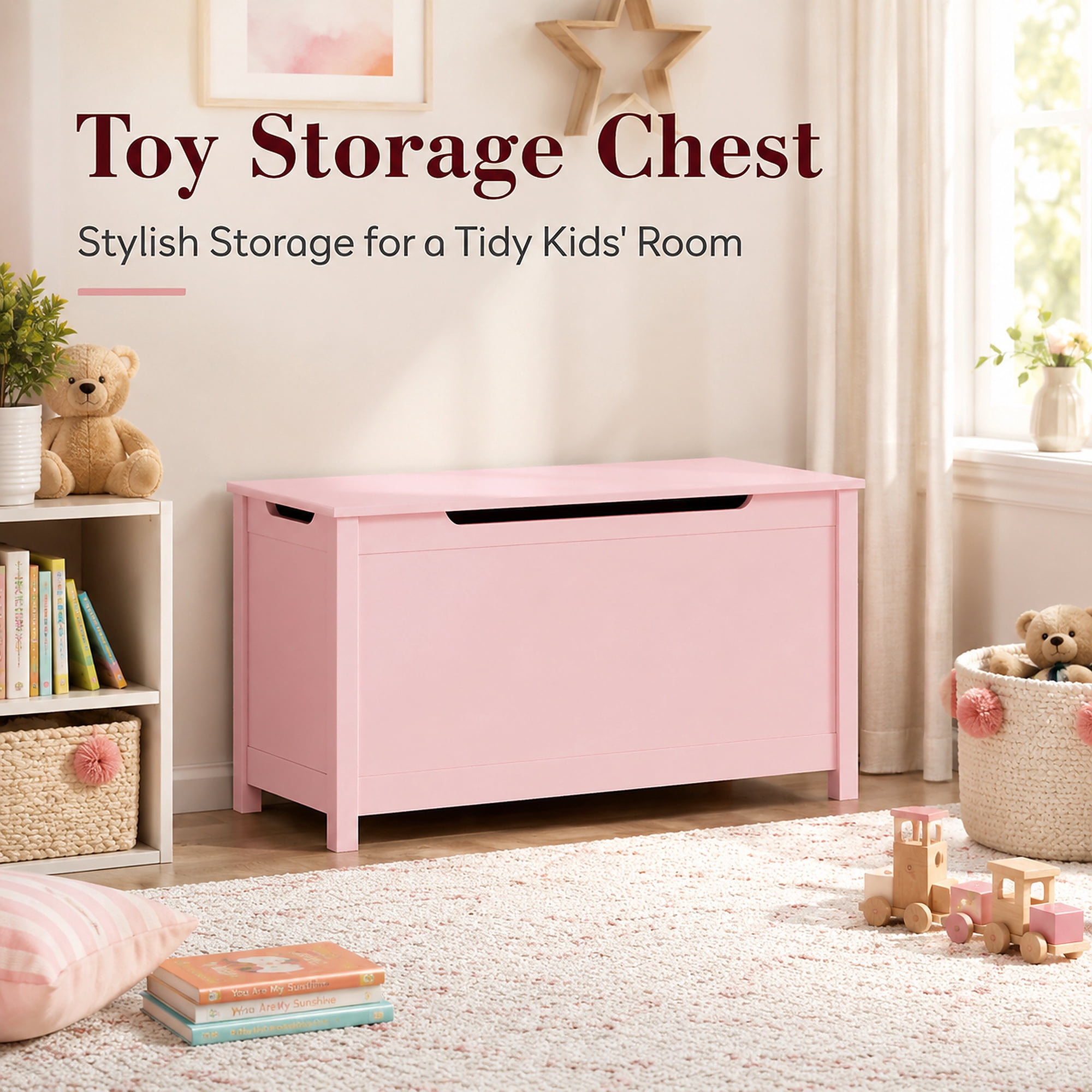 Miniyam Toy Storage Bench with Lid, Kids Toy Box and Storage Chest for Bedroom, Playroom, Nursery, Pink