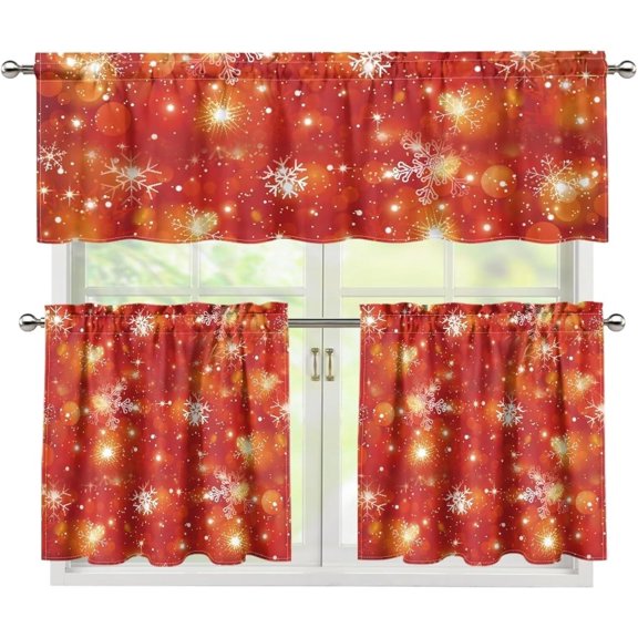 Christmas Kitchen Curtains and Valances Set Snowflakes 3 Pieces Kitchen Curtains Window Treatments for Cafe Living Room Decor European Curtains with Rod Pocket Kitchen Curtains Sets