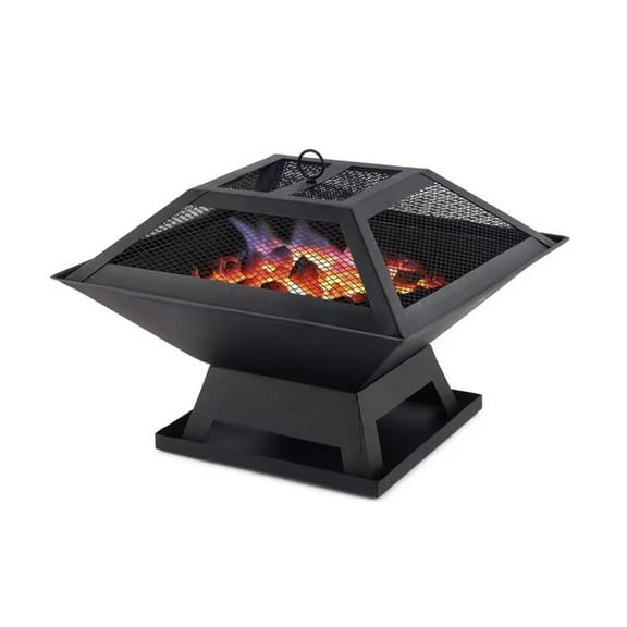 2-in-1 Square Metal Fire Pit Set, Portable Fire Pit Stove BBQ Grill, Wood Burning Fire Pit with Spark Screen, Poker, Cooking Grid, Outdoor Heater Barbecue Brazier Wood Stove