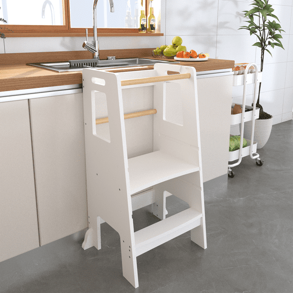 Oufan Kids Standing Tower, Child Kitchen Step Stool Toddler Wood Stepping Stool - Children's Montessori Stool - Adjustable Height, Ideal Kids Kitchen Step Stool for Learning New Skills, White