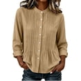 thumbnail image 2 of Nmnitkp Women's Mandarin Collar Pleated Front Button Down Shirt Cotton Linen Roll Up Long Sleeve Loose Casual Blouse for Fall Work Office Daily Wear Khaki,S, 2 of 6