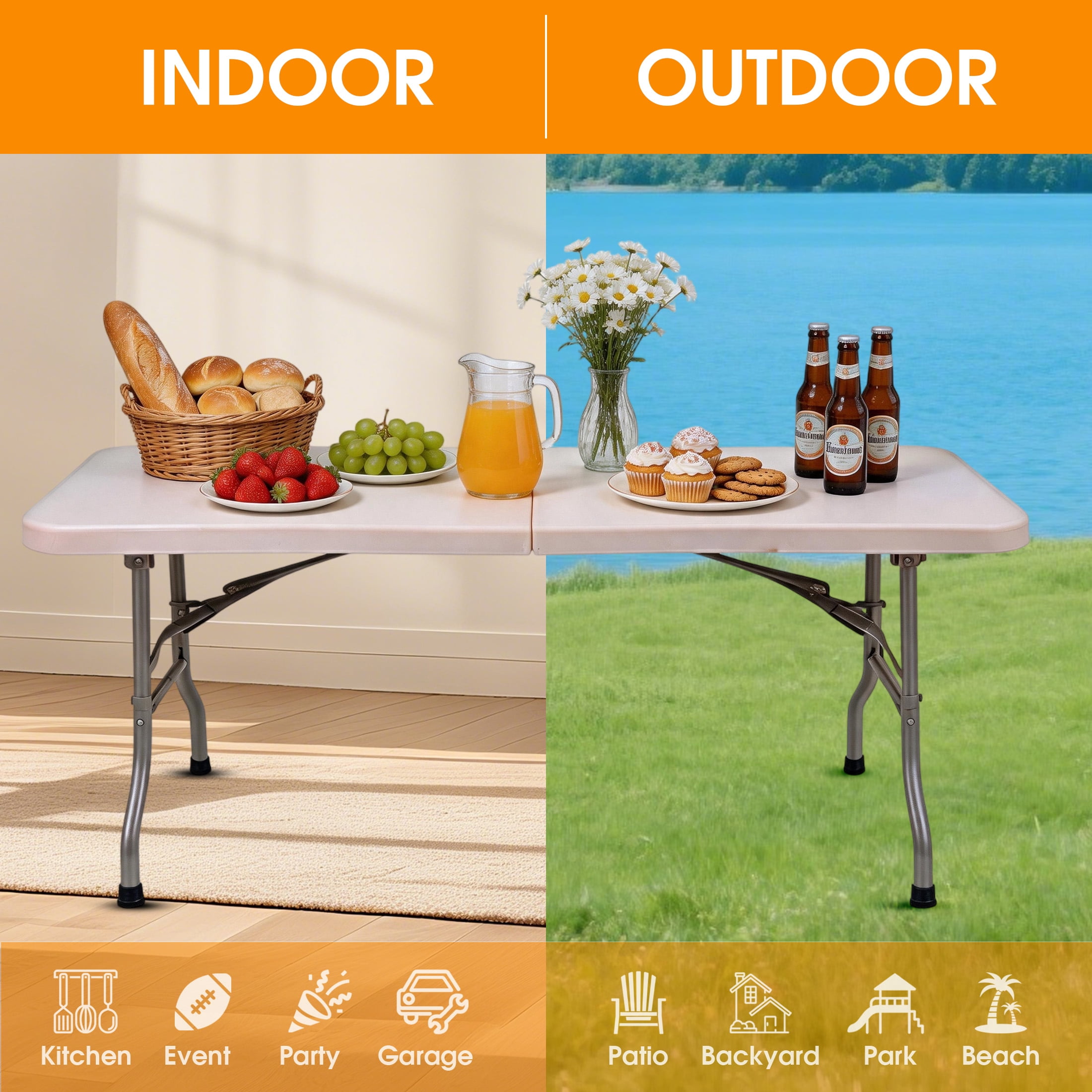 MAYEERTY 6FT Foldable Rectangular Folding Table, Portable Heavy Duty Utility Fold Up Table with Carrying Handle, Indoor Outdoor Waterproof for Dining, Picnic, Party, Camping, Banquet