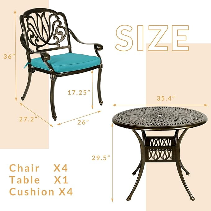 W WARMHOL 5-Piece Outdoor Patio Dining Set, All-Weather Cast Aluminum Patio Furniture Set for Backyard Garden Deck with 4 Chairs, 4 Cushions and 35.4" Round Table, 2" Umbrella Hole, Blue