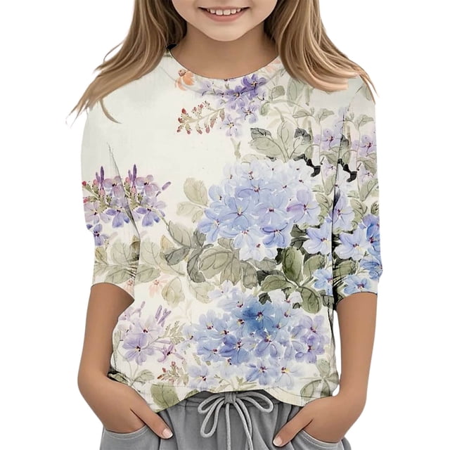 Vêtements pour Enfants Filles Chemise à Manches Courtes Imprimée Florale pour Filles Col Rond Vêtements d'Été pour Adolescentes Hauts pour Filles 4-5 Ans Tenue pour Filles