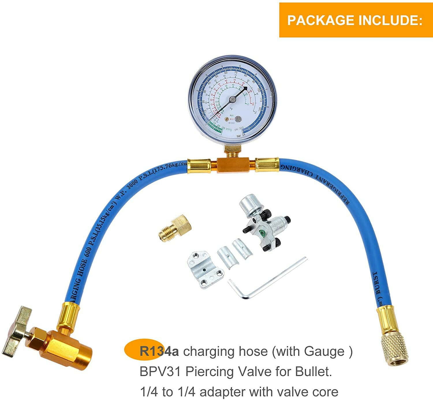 3 Pieces BPV31 Bullet Piercing Tap Valve Kits U-Charging Hose Refrigerant Can Tap with Gauge R134a Can to R12/R22 Port AC 1/2 Replace for AP4502525 BPV31D GPV14 GPV31 GPV38 GPV56 MPV31 