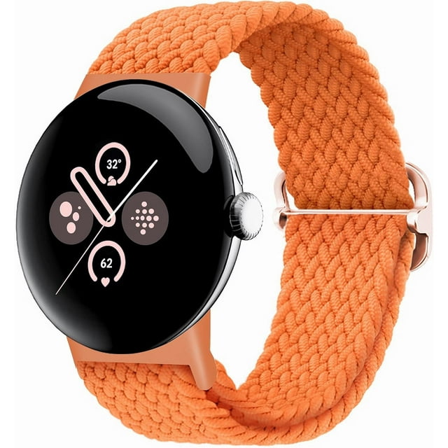KOMI Bandes Tressées Solo Loop Compatibles avec Google Pixel Watch 2/Pixel Watch, Sangles Élastiques en Nylon Extensible Réglables avec Connecteur Amélioré pour Google Pixel Watch 2/1 Bracelets Femmes Hommes Orange