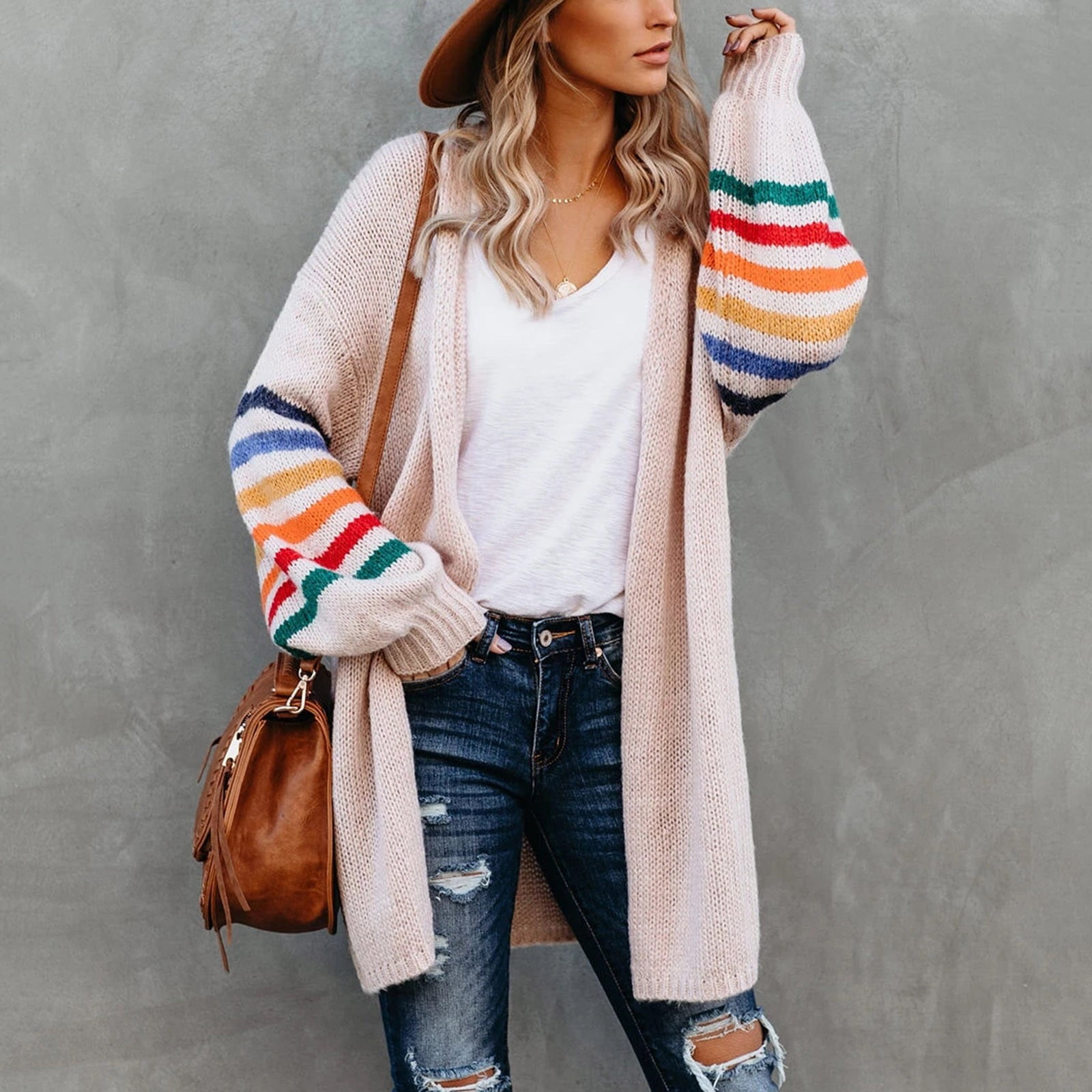 Skpblutn Women'S Cardigan Sweaters Winter Fall Casual Comfortable Tops Over Plus Size Warm Rainbow Stripe Print Open Front Fashion Outwear Neck Long Sleeve Knit Sweater Coats Pink L