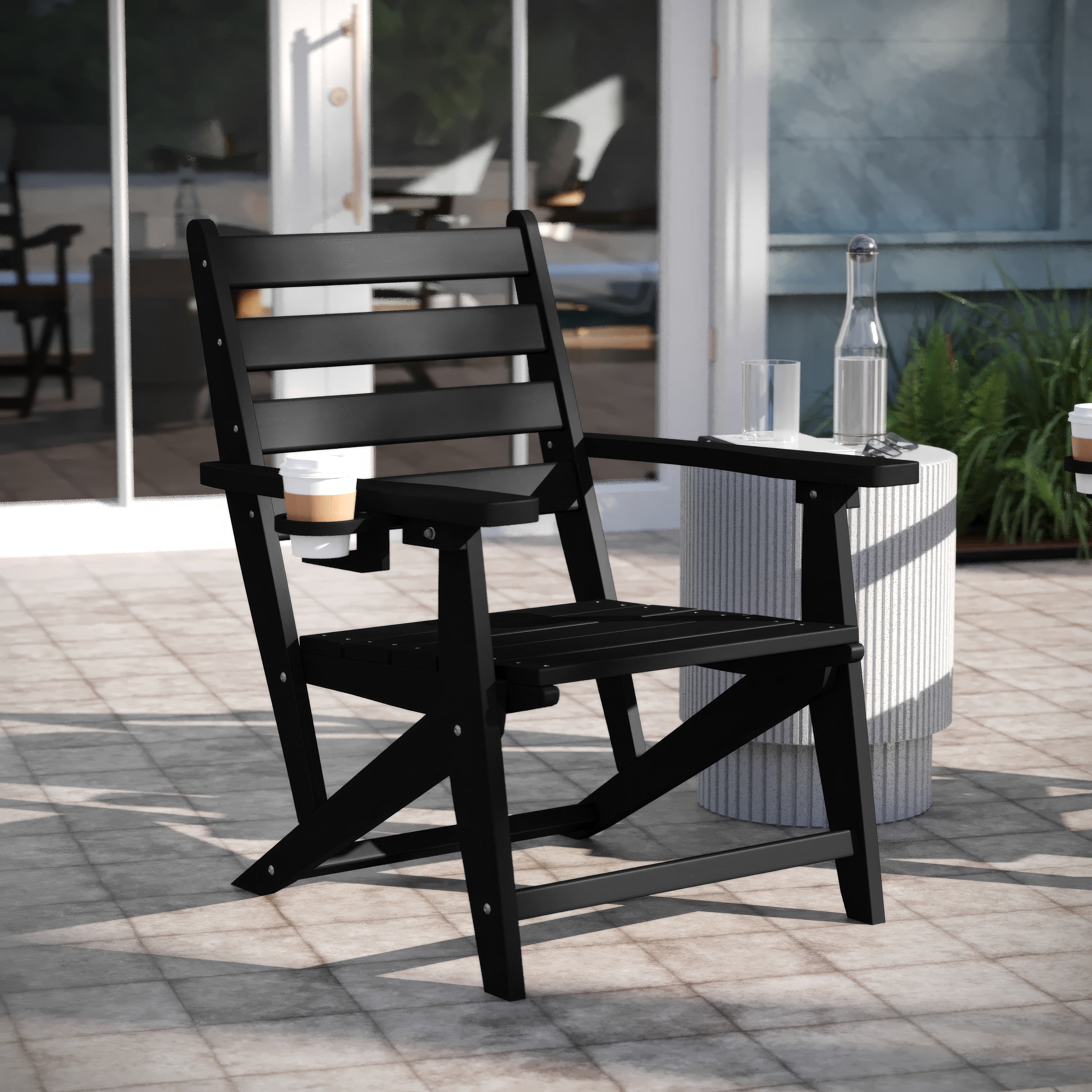 Emma + Oliver Adirondack Dining Chair with Fold Out Cup Holder, Weather Resistant Recycled HDPE Adirondack Chair in Black