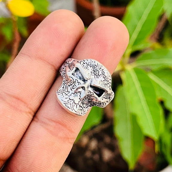 Handmade Sterling Silver Skull Signet Ring for Men – Gothic Punk Biker Jewelry, Heavy Statement Silver Ring, Unique Gift for Him