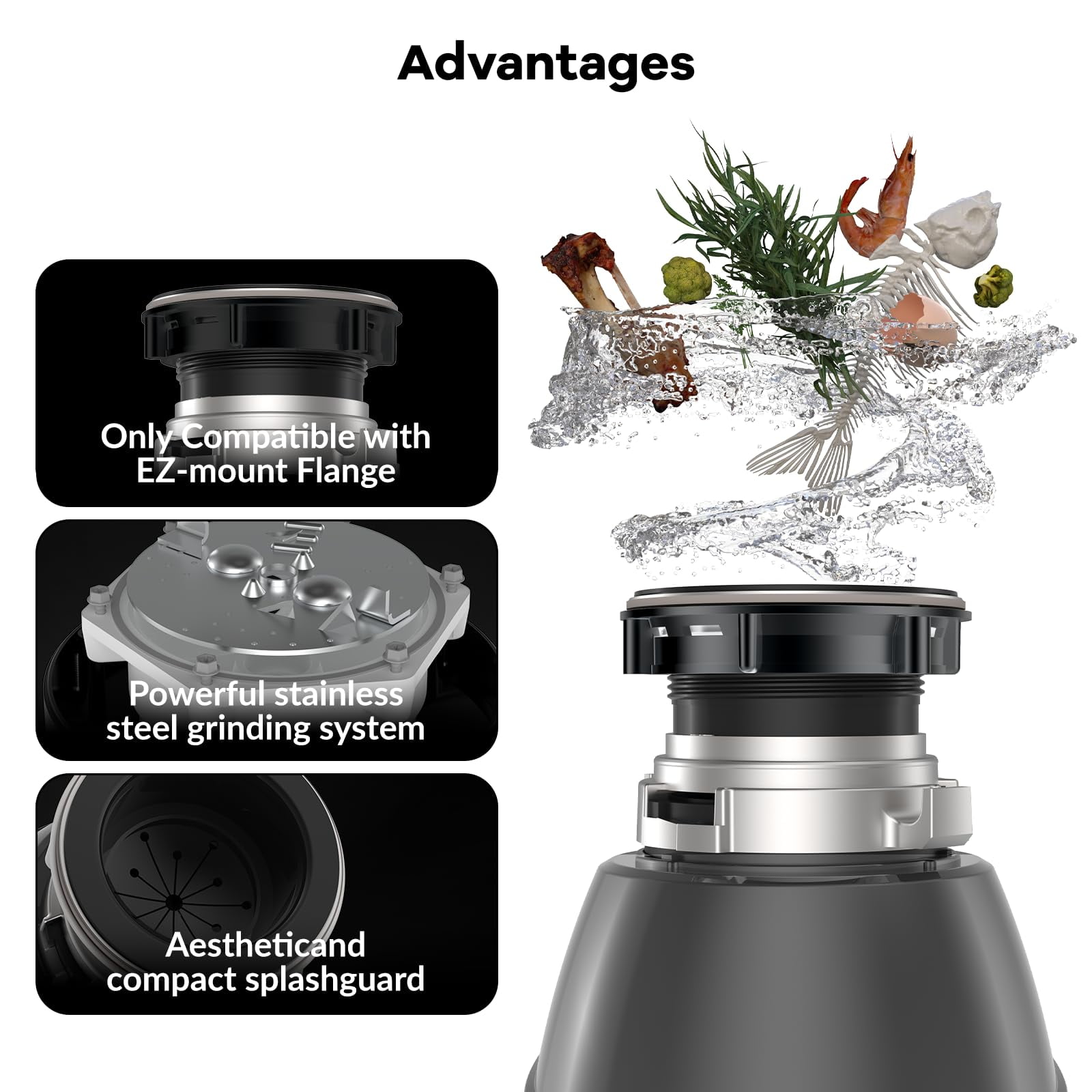 Garbage Disposal, Food Garbage Disposal with Power Cord, Stainless Steel Grinding System, Continuous Feed Compact Garbage Disposals (1/2 HP (Gray))